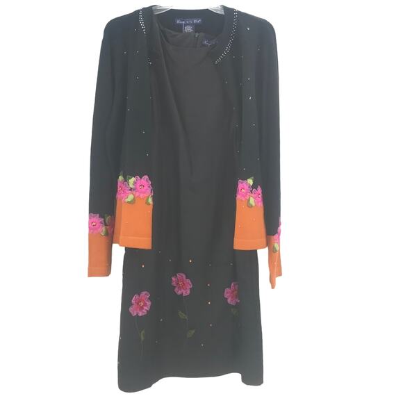 Eagle's Eye 2 Piece Floral SILK Open Front Sweater & Sheath Dress Black Large - Picture 1 of 11